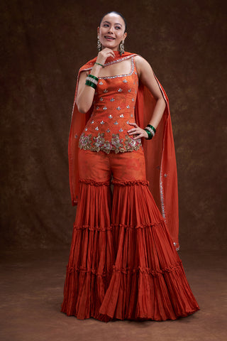 Rust Orange Cut Dana Embellished Sharara Set