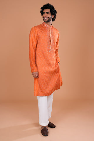 Rust Orange Mirror Work Embroidered Men's Kurta Set