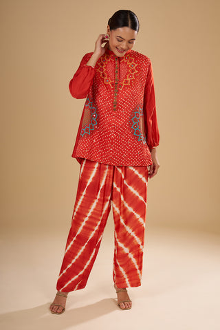 Rust Orange Modal Satin Bandhani Print Tunic Set with Mirror and Sequin Highlights