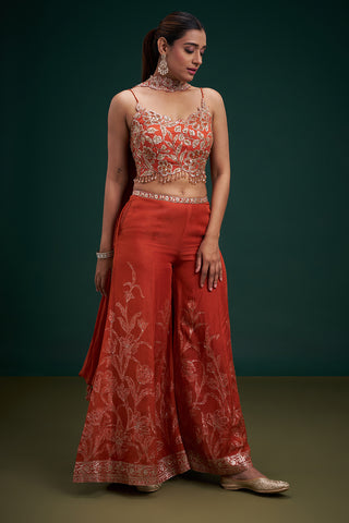 Rust Orange Organza Indo-Western Suit with Sequin Work