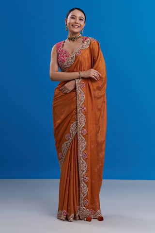 Rust Orange Pure Chiffon Saree with Gold Zari Work And Stitched Blouse