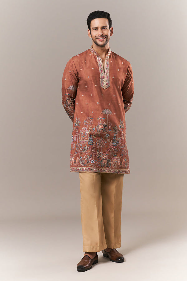 Rust Orange Raw Silk Mens Kurta Set with Resham and Sequin Work
