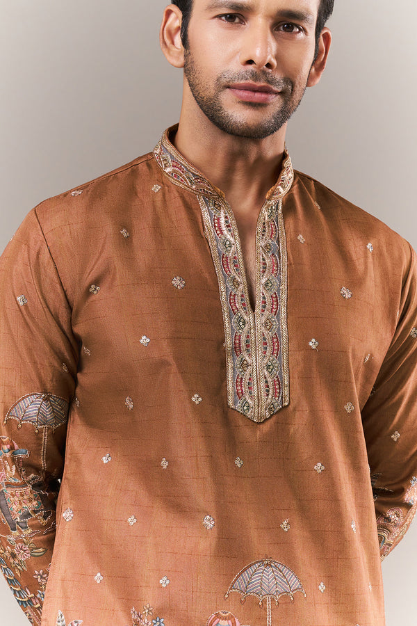 Rust Orange Raw Silk Mens Kurta Set with Resham and Sequin Work