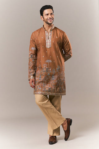 Rust Orange Raw Silk Mens Kurta Set with Resham and Sequin Work