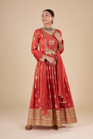 Rust Orange Silk Blend Anarkali Set