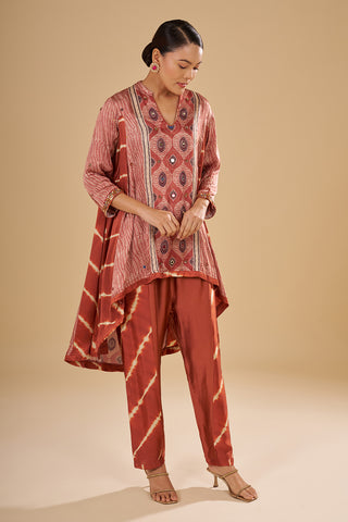 Rust Printed Asymmetric Kurta Set with Mirror and Thread Embroidery