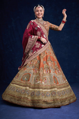 Rust Red Raw Silk Bridal Lehenga with Regal Zardozi Work