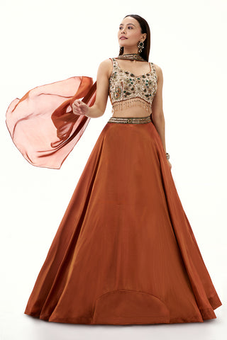 Rust Shimmer Art Silk Lehenga with Sequin and Bead Work