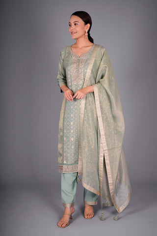Sage Green Chanderi Kurta Set with Zari Embroidery