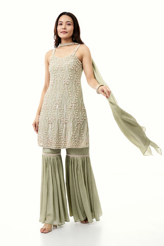 Sage Green Chinon Sharara Set with Moti and Cutdana Work