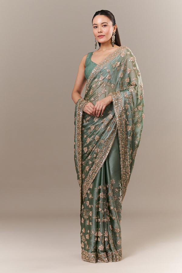 Sage Green Glass Organza Saree with Sequin and Cutdana Work