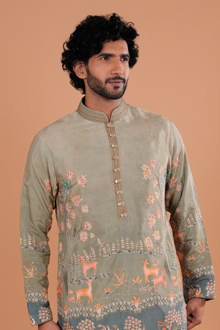 Sage Green Heritage Scenic Embroidered Men's Kurta Set
