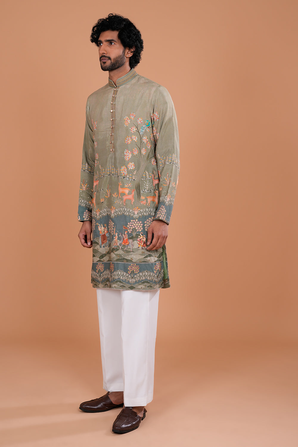 Sage Green Heritage Scenic Embroidered Men's Kurta Set