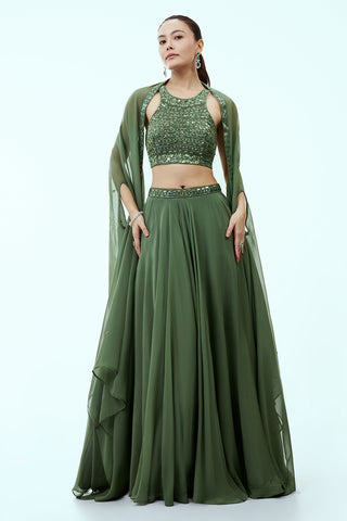 Sage Green Organza Lehenga with Handwork Blouse and Cape