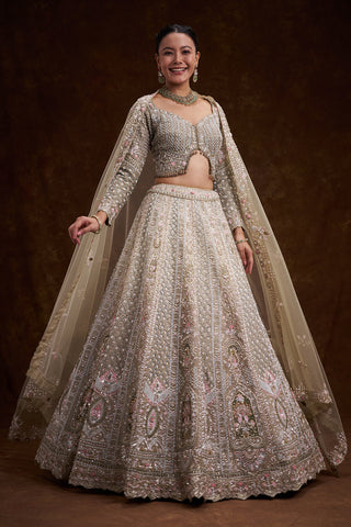 Sage Green Raw Silk Bridal Lehenga with Zardozi and Sequin Work