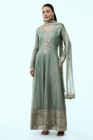 Sage Green Shimmer Tissue Anarkali Suit Set with Mirror and Gota Patti Work