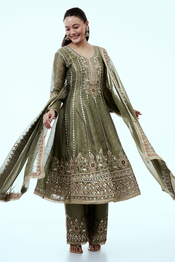 Sage Green Shimmer Tissue Palazzo Set with Gota Work