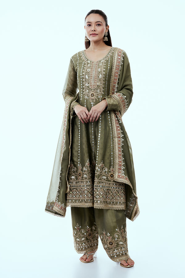 Sage Green Shimmer Tissue Palazzo Set with Gota Work