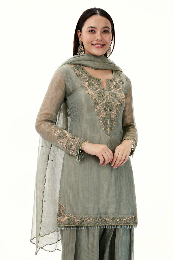 Sage Green Tissue Suit with Zardosi and Resham Work
