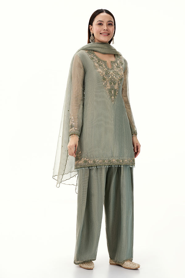 Sage Green Tissue Suit with Zardosi and Resham Work