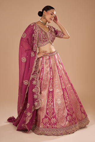 Salmon Pink Banarasi Silk Lehenga Set with Sequins and Zari