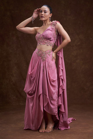 Salmon Pink Embellished Drape Skirt Set with Cape