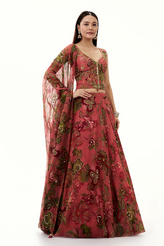 Salmon Pink Organza Lehenga with Mirror and Sequin Work