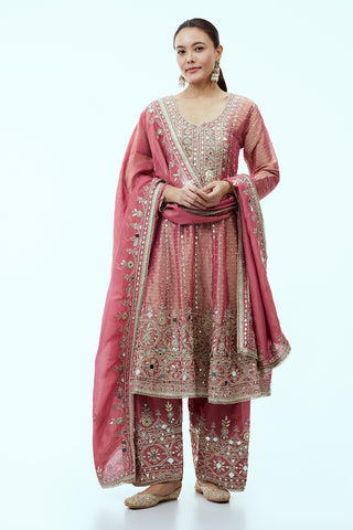 Salmon Pink Tissue Chanderi Anarkali Suit with Mirror Work