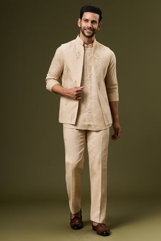 Sand Beige Linen Embroidered Bundi Set with Thread Work