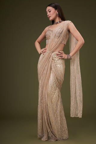 Sand Gold Net Ready Pleated Saree with Bead and Cutdana Work