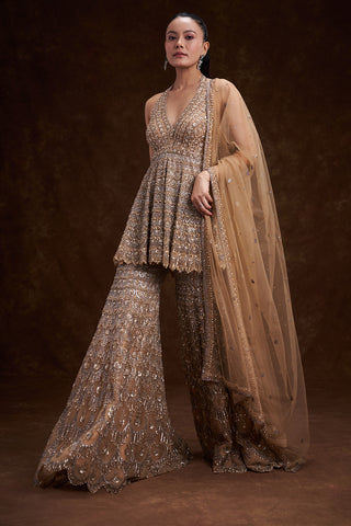Sand Golden Net Bridal Indo Western Set with Abstract Embellishments