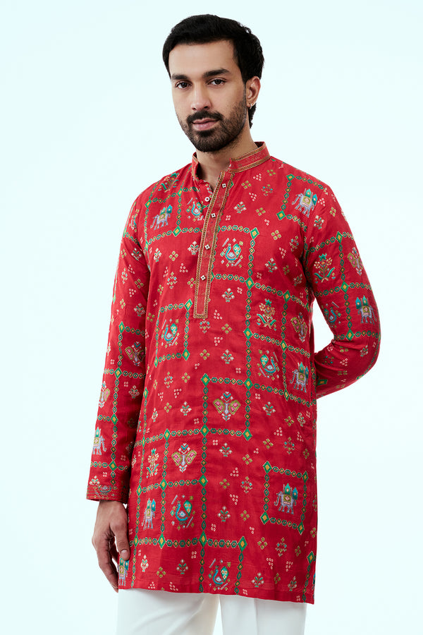 Scarlet Red Art Silk Patola Design Mens Kurta Set