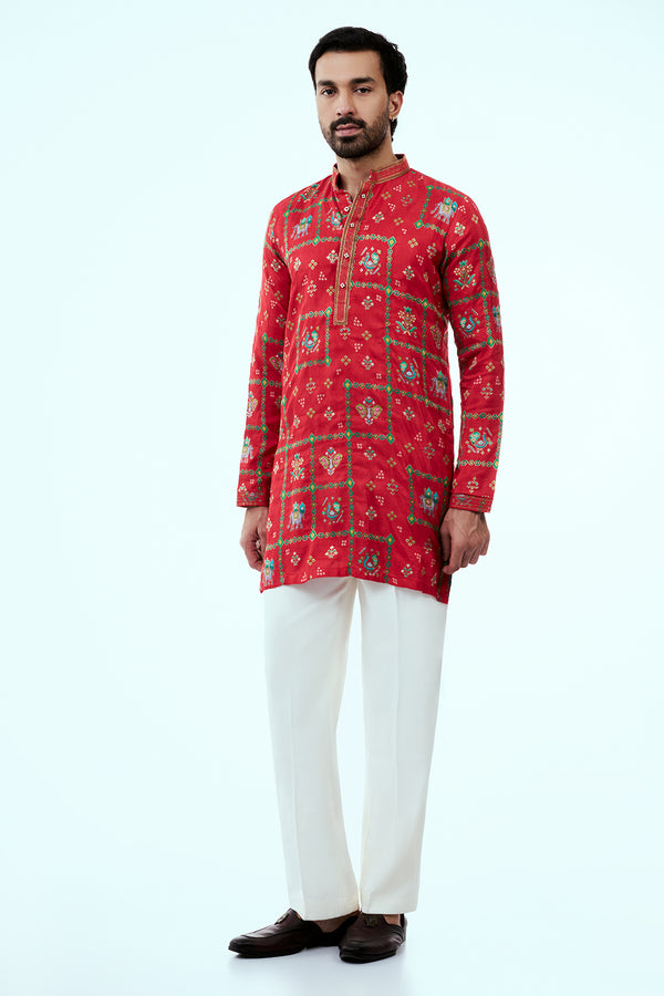 Scarlet Red Art Silk Patola Design Mens Kurta Set