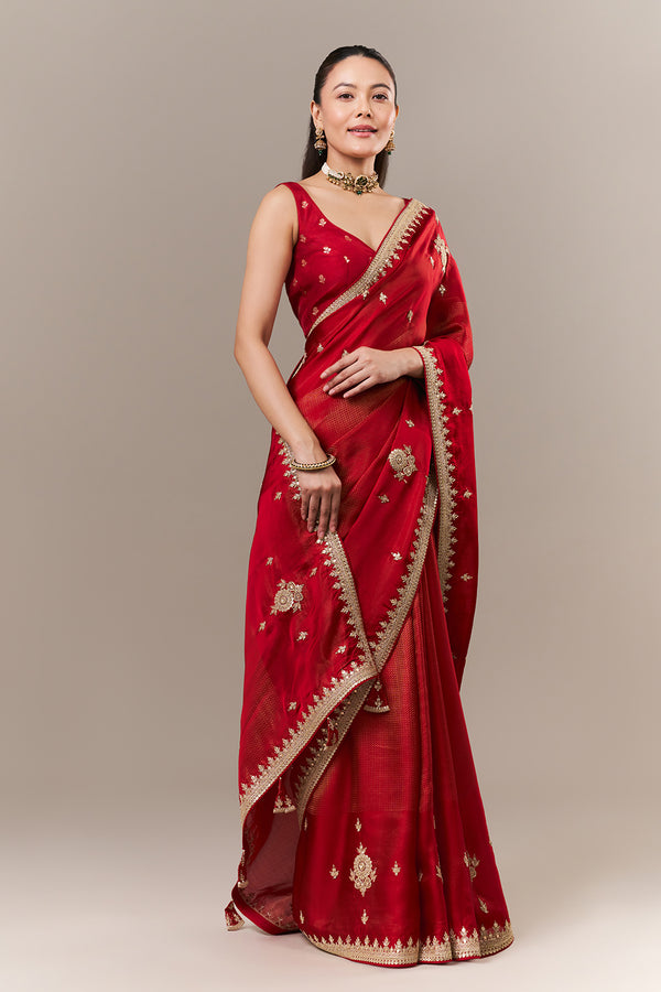 Scarlet Red Tissue Silk Jacquard Saree with Zari and Sequin Work