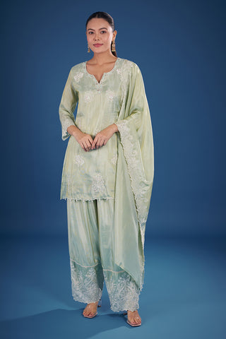 Sea Green Chanderi Kurta Set with Lace Embroidery