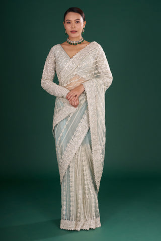 Sea Green Net Embroidered Saree with Resham Embroidery and Stitched Blouse