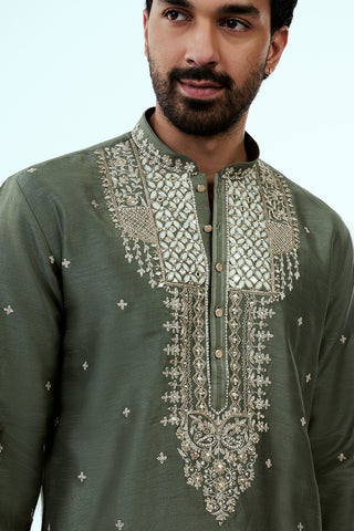 Sea Green Raw Silk Mens Kurta Set with Zari and Mirror Work