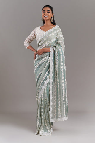 Sea Green Shimmer Aari Embroidered Saree with Stitched Blouse