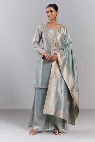 Dusty Blue Silk Blend Kurta Palazzo Set