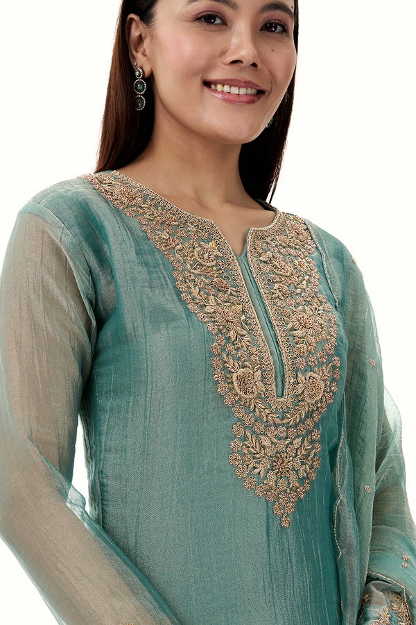 Sea Green Tissue Suit with Zardosi and Zari Work