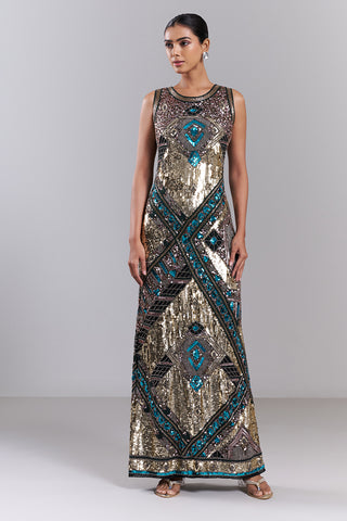 Multi Coloured Net Gown with Beads, Cut Dana and Sequins Work