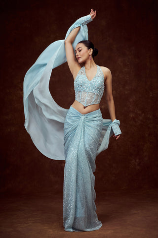 Sky Blue Indo Western Cowl Skirt with Halter Crop Top