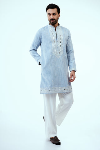 Sky Blue Khadi Silk Mens Kurta Set with Mirror Work