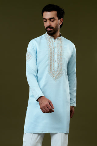 Sky Blue Silk Mens Kurta Set with Resham and Hand Embroidery