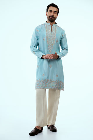 Sky Blue Tissue Mens Kurta Set with Resham and Zari Work