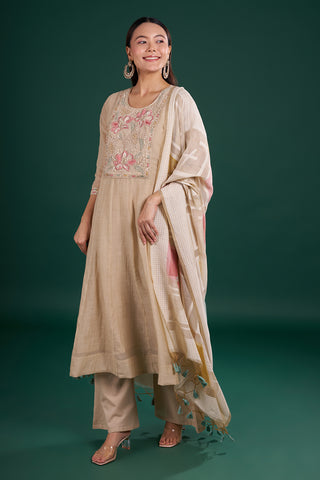 Soft Beige Muslin Kurta Set with Floral Embroidery