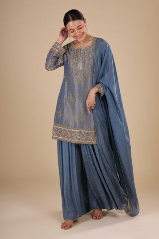 Steel Blue Silk Blend Kurta Sharara Set