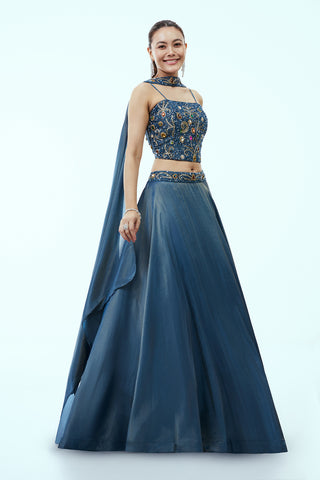Steel Blue Tissue Lehenga Set with Rhinestone Embellishements