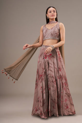 Taupe Satin Blend Crop Top Palazzo Set with Bead and Tassel Work