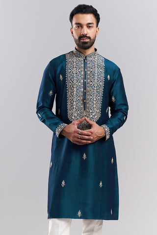 Teal Blue Art Silk Embroidered Men’s Kurta Set